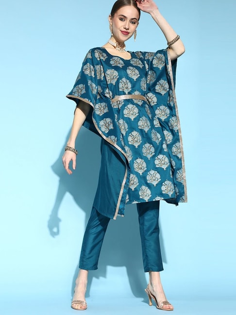 Ziyaa Teal Blue Floral Print Kaftan Dhoti Pant Set Price in India