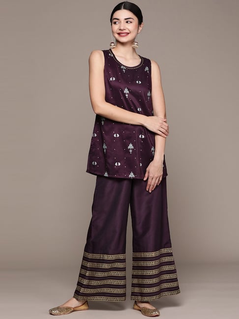 Buy Purple Cotton Silk Printed Floral Top And Palazzo Set For