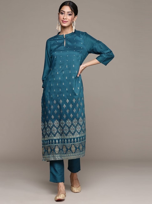 Ziyaa Teal Blue Floral Print Kurta Pant Set Price in India