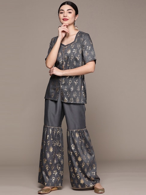 Ziyaa Grey Floral Print Tunic Sharara Set Price in India