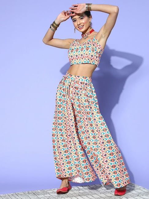 Buy Powder Blue Georgette Palazzo Crop-Top Set with Embroidery
