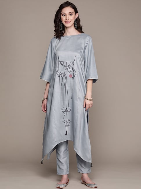 Ziyaa Grey Printed Kurta Pant Set