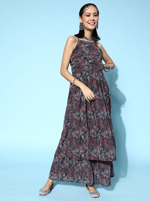 Ziyaa Grey Printed Kurta Sharara Set