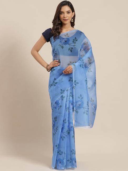 Blissta Blue Floral Print Saree With Unstitched Blouse-picture-36