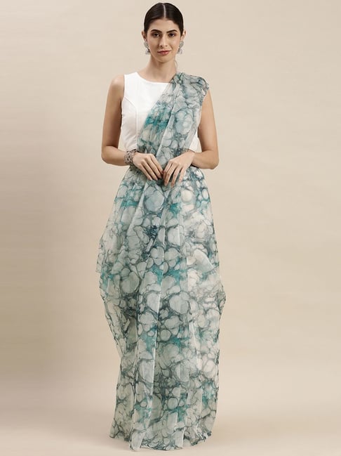 Blissta White & Grey Printed Saree With Unstitched Blouse-picture-32