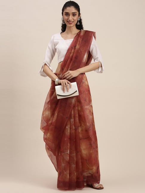 Blissta Red Orange Printed Saree With Unstitched Blouse-picture-23