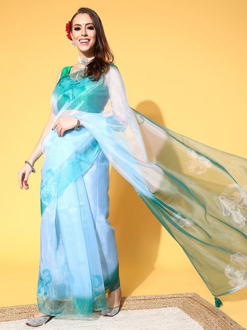 Blissta Sky Blue Floral Print Saree With Unstitched Blouse-picture-31