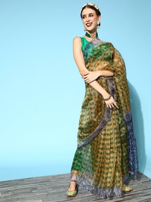 Blissta Yellow Printed Saree With Unstitched Blouse-picture-13