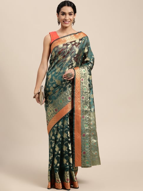 Blissta Bottle Green Floral Print Kanjeevaram Saree With Unstitched Blouse-picture-21