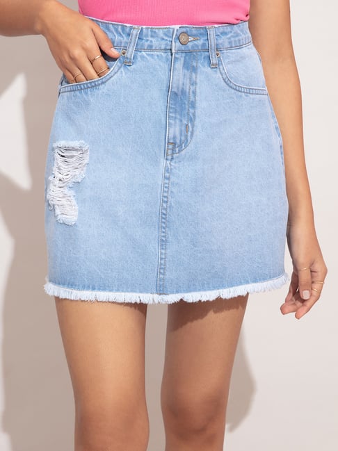 Blue Studded Decor Denim Mini Skirt Slim Fit High stretch - Temu