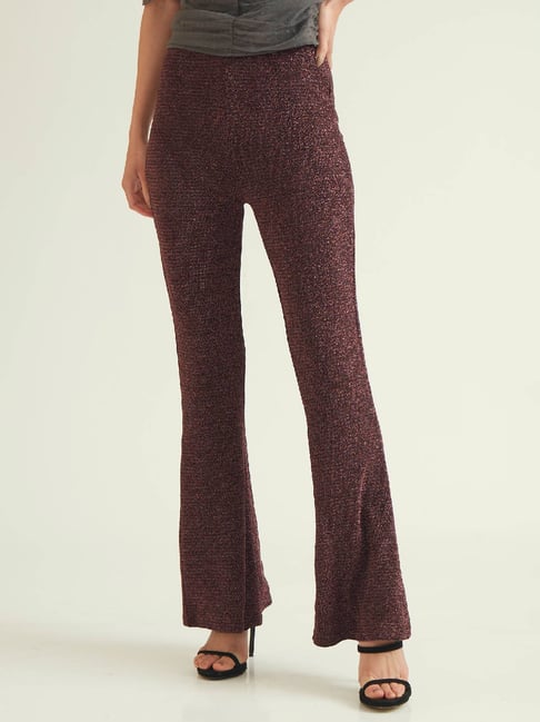 Cover Story Maroon Metallic Regular Fit Mid Rise Pants