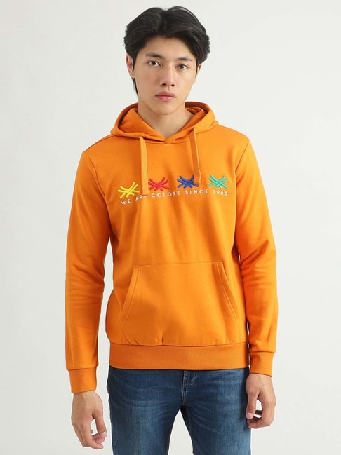 United Colors of Benetton Orange Full Sleeves Hooded Sweatshirt
