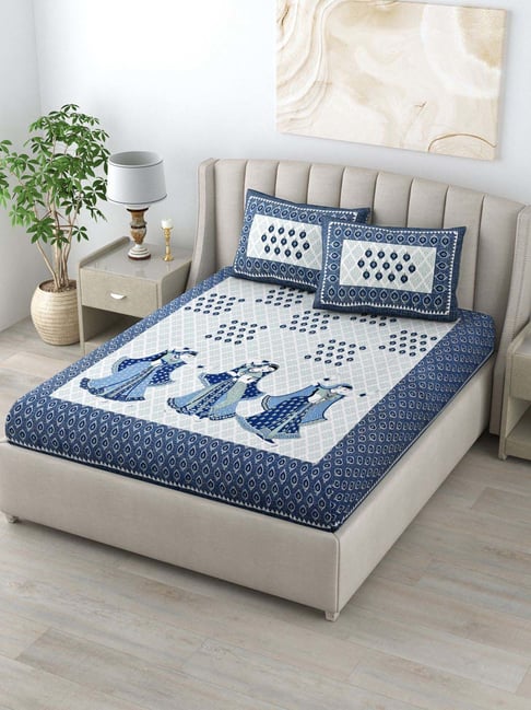 Living Roots Blue & White Cotton 160 TC King Bedsheet with 2 Pillow Covers
