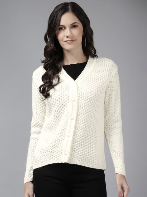 Buy Cayman Off White Wool Self Design Cardigan for Women's Online