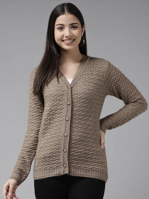 Cayman Camel Brown Wool Self Design Cable Knit Cardigan