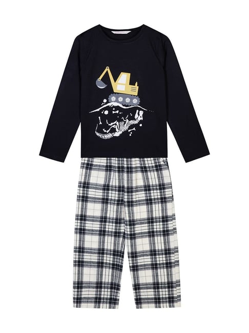 Budding Bees Kids Black & White Cotton Printed Full Sleeves T-Shirt Set
