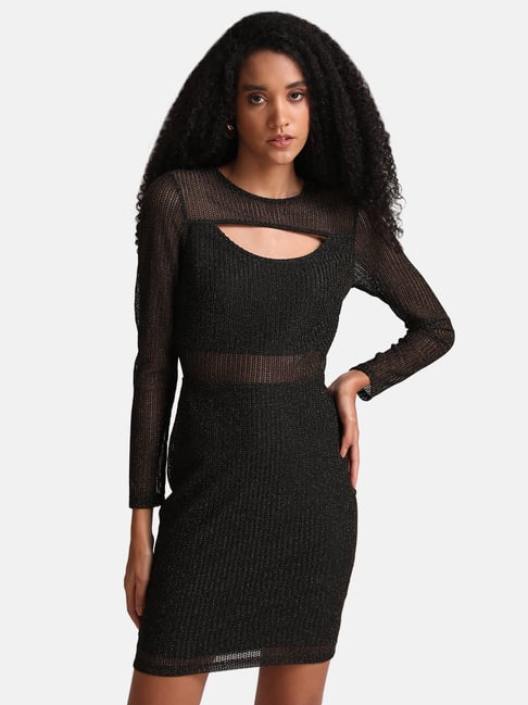 Buy Kazo Black Embellished Stick-on Sequin Knitted Midi Dress online