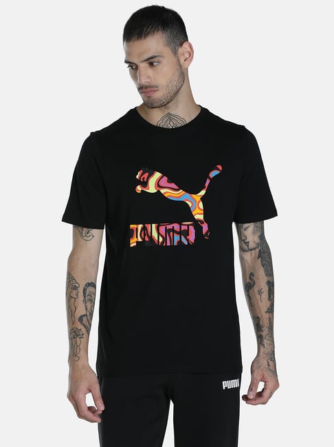 Puma Black Cotton Regular Fit Printed T-Shirt