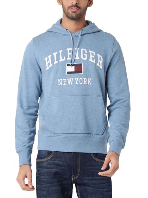 Tommy Hilfiger Heathered Denim Blue Logo Regular Fit Hoodie