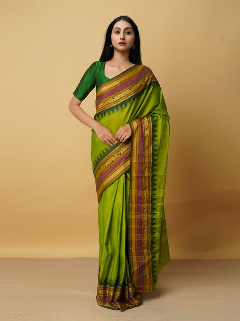 Unnati Silks Green Cotton Woven Saree With Blouse Price in India