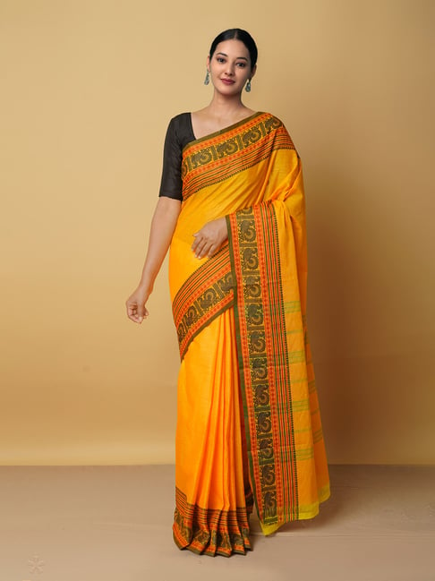 Unnati Silks Orange Cotton Woven Saree With Blouse Price in India