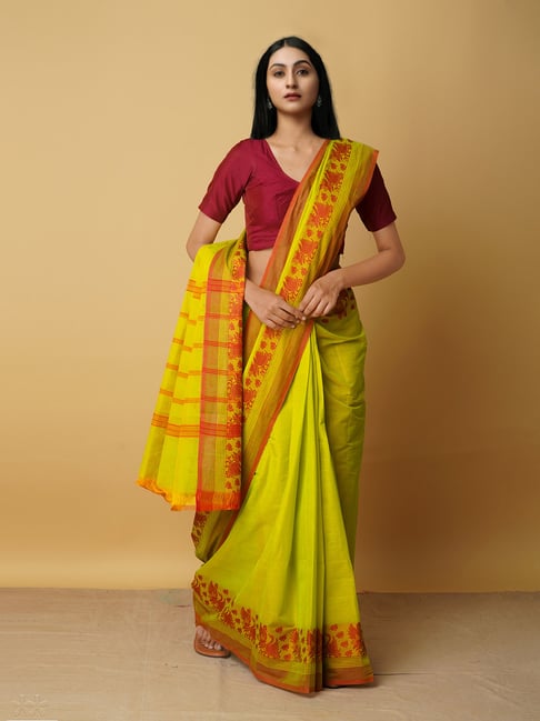 Unnati Silks Green Cotton Woven Saree With Blouse Price in India