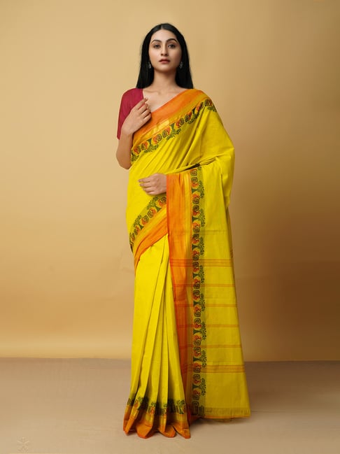 Unnati Silks Green Cotton Woven Saree With Blouse Price in India