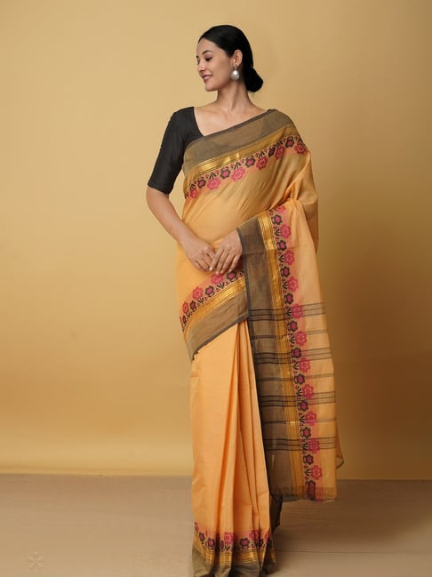 Unnati Silks Light Orange Cotton Woven Saree With Blouse Price in India