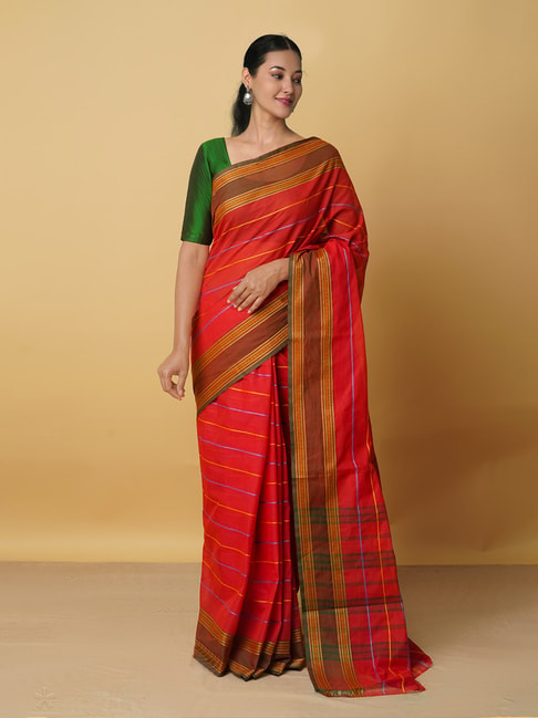 Unnati Silks Red Cotton Woven Saree With Blouse Price in India
