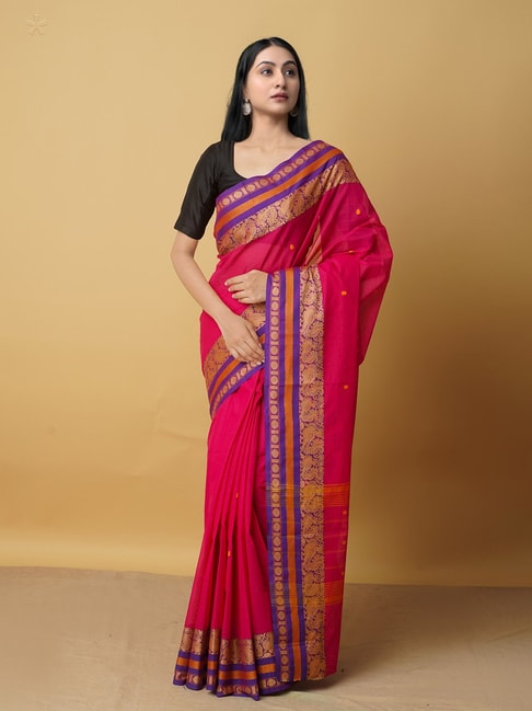 Unnati Silks Pink Cotton Woven Saree With Blouse Price in India