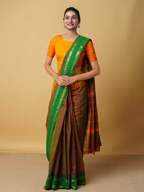 Unnati Silks Brown Cotton Woven Saree With Blouse Price in India