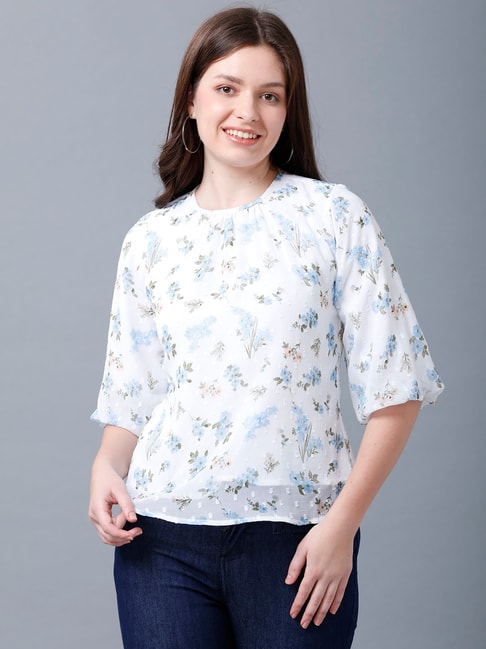 Identiti White & Blue Polyester Floral Print Top Price in India