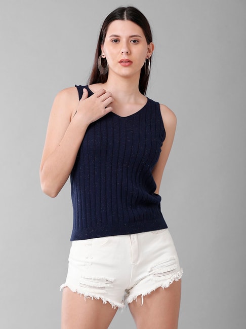 Identiti Navy Cotton Slim Fit Knit Top Price in India