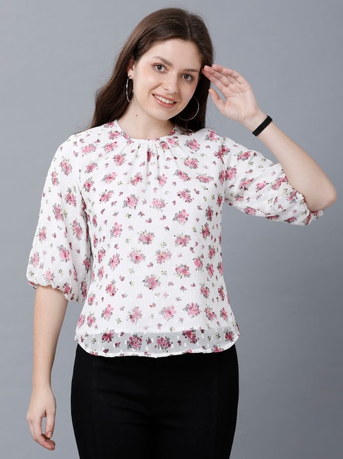 Identiti White & Pink Polyester Floral Print Top Price in India