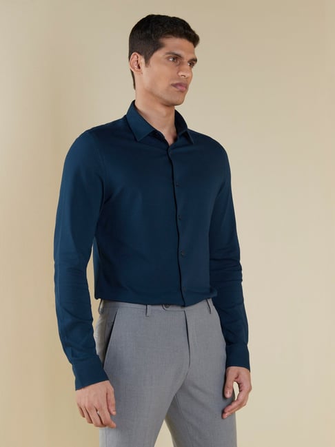 WES Formals by Westside Dark Teal Knitted Ultra Slim-Fit Shirt - Price ...