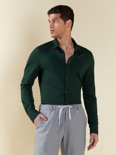 WES Formals by Westside Emerald Green Ultra Slim-Fit Shirt