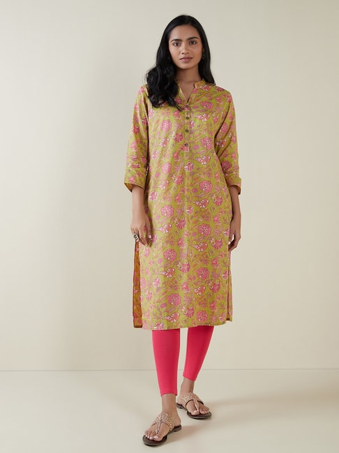 Utsa by Westside Lime Green Floral Pattern A-Line Kurta Price in India