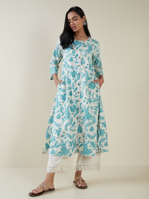 Utsa by Westside Turquoise Floral Print A-Line Kurta Price in India