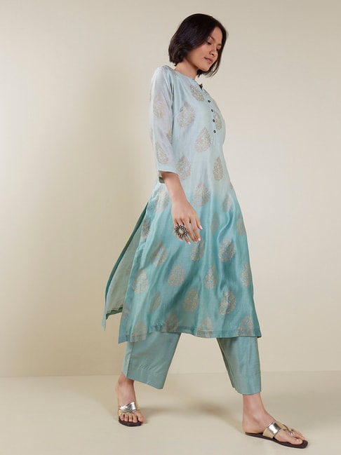 Zuba by Westside Blue Leaf Print Ombre A-line Kurta Price in India