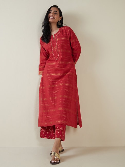 Utsa by Westside Red Stripe Design A-Line Kurta Price in India