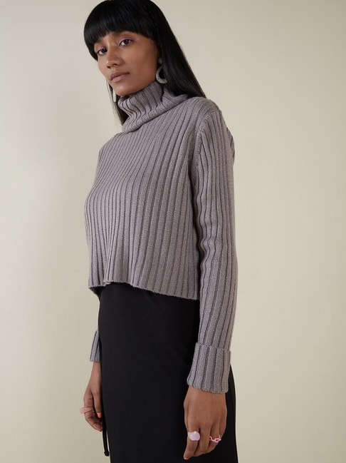Nuon by Westside Dark Taupe Ribbed Sweater Top Price in India