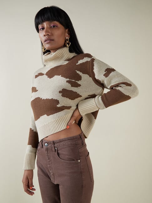 Nuon by Westside Brown Abstract Design Turtleneck Top Price in India