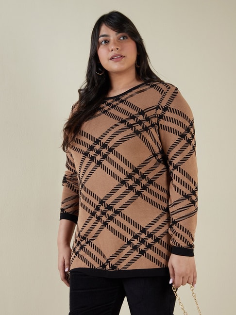 Gia Curves by Westside Brown Checkered Sweater Top Price in India