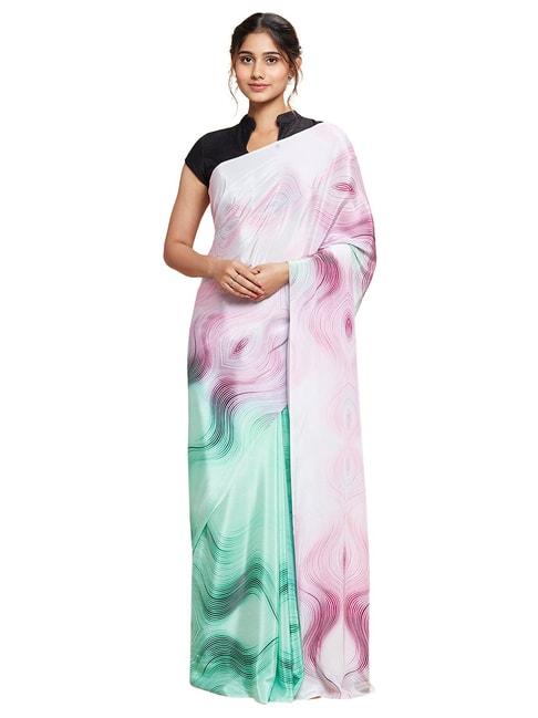 Navyasa by liva Green & Pink Mirrored Lines Liva Saree With Blouse Price in India