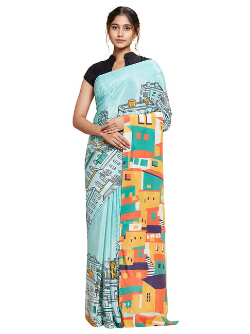 Navyasa by liva Turquoise City Mosaic Liva Saree With Blouse Price in India