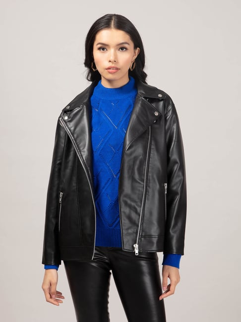 Clothing Dark Blue Biker Jacket Saint Brielle Women Blue Leather