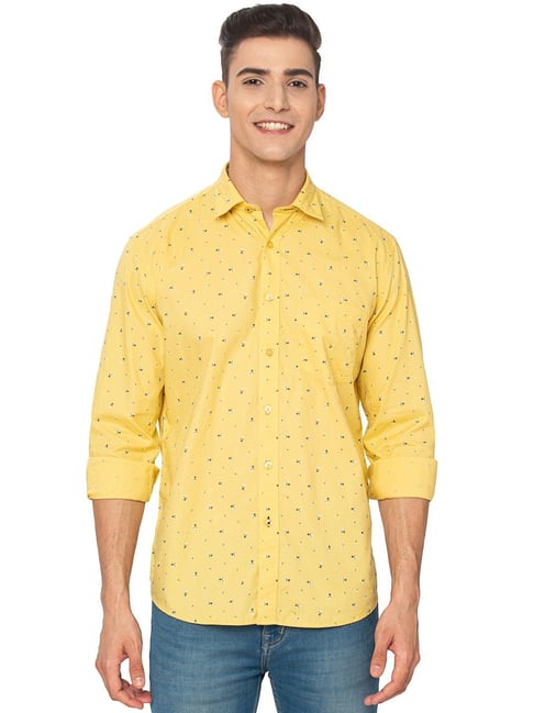 Buy Greenfibre Lemon Yellow Cotton Slim Fit Printed Shirt for Mens