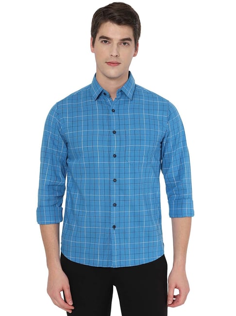 Greenfibre Blue Slim Fit Check Cotton Shirt