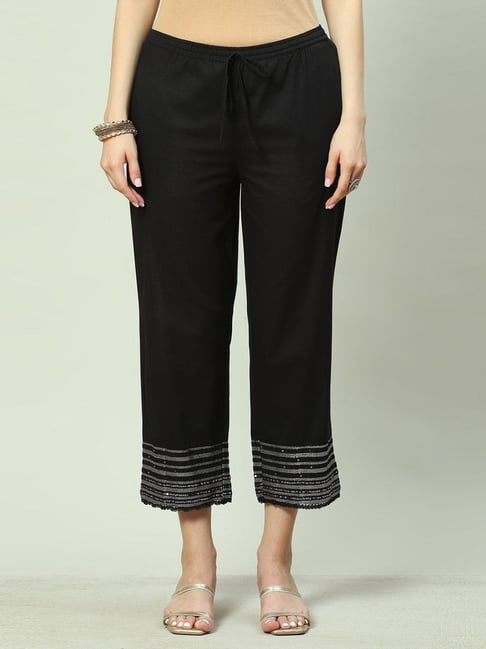 Buy Biba Black Cotton Straight Fit Pants for Women Online Tata CLiQ