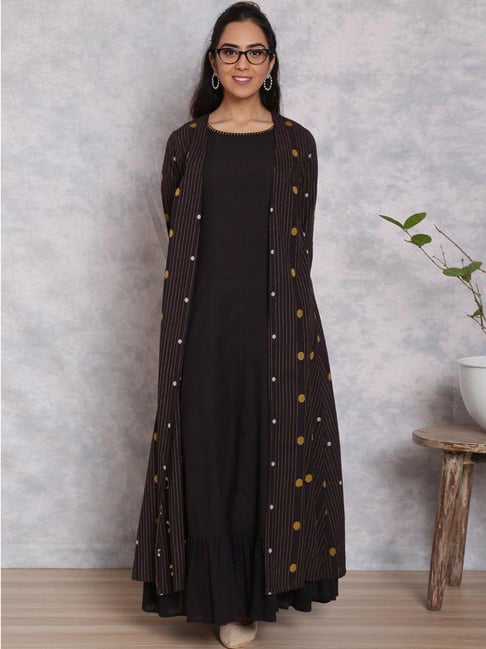 Rangriti Black Cotton Woven Pattern Maxi Double Layered Dress Price in India